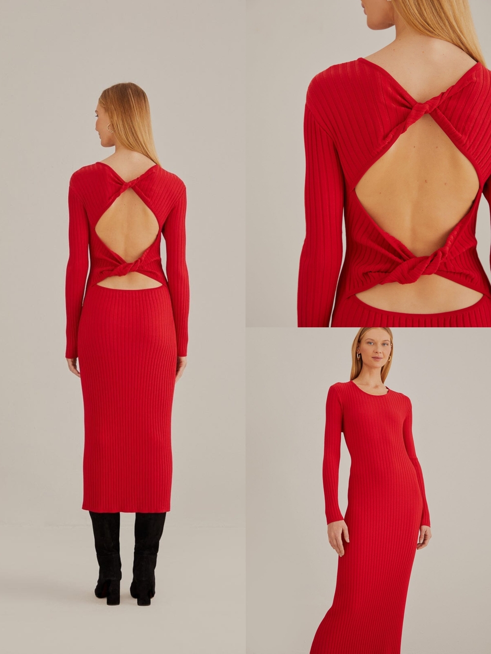 FARM Rio red knit midi dress in a ribbed fabric